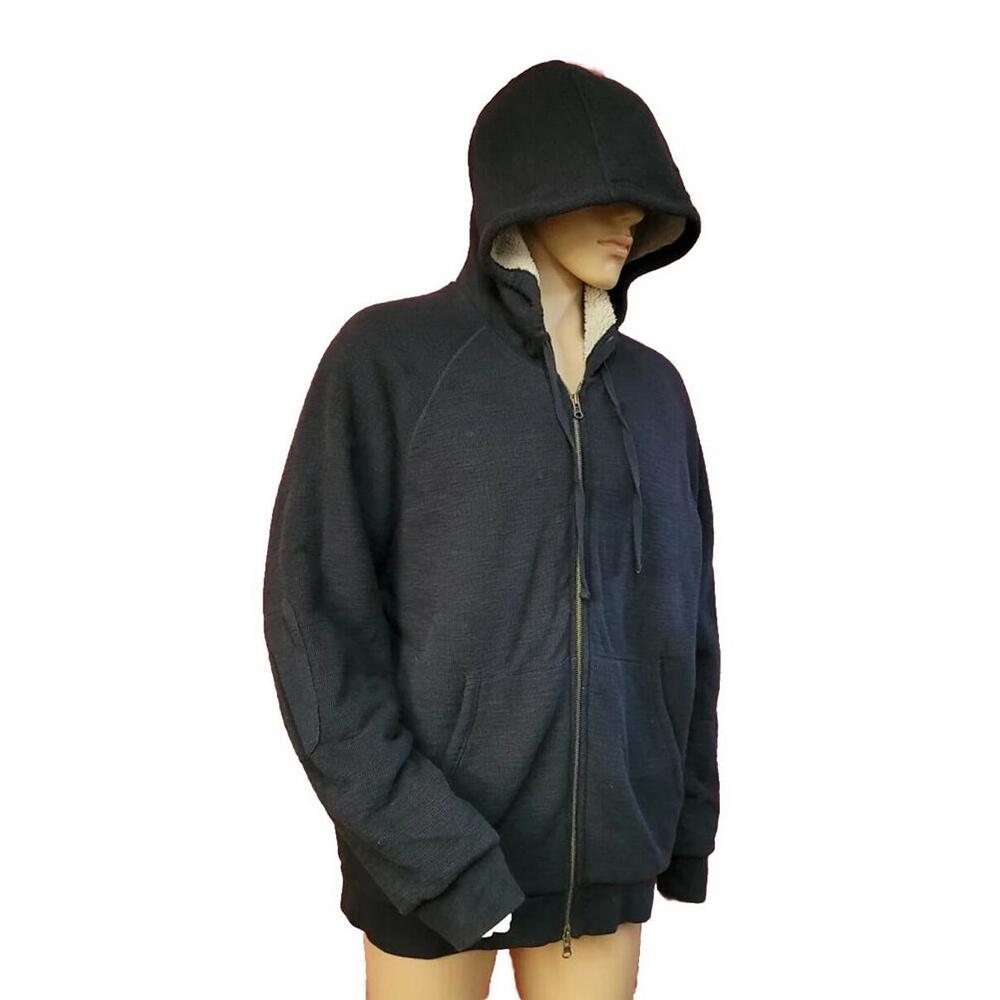 Vince Men's Hooded, Zip,  Sweater Jacket XXL Black Elbow Patches Sherpa inner #C